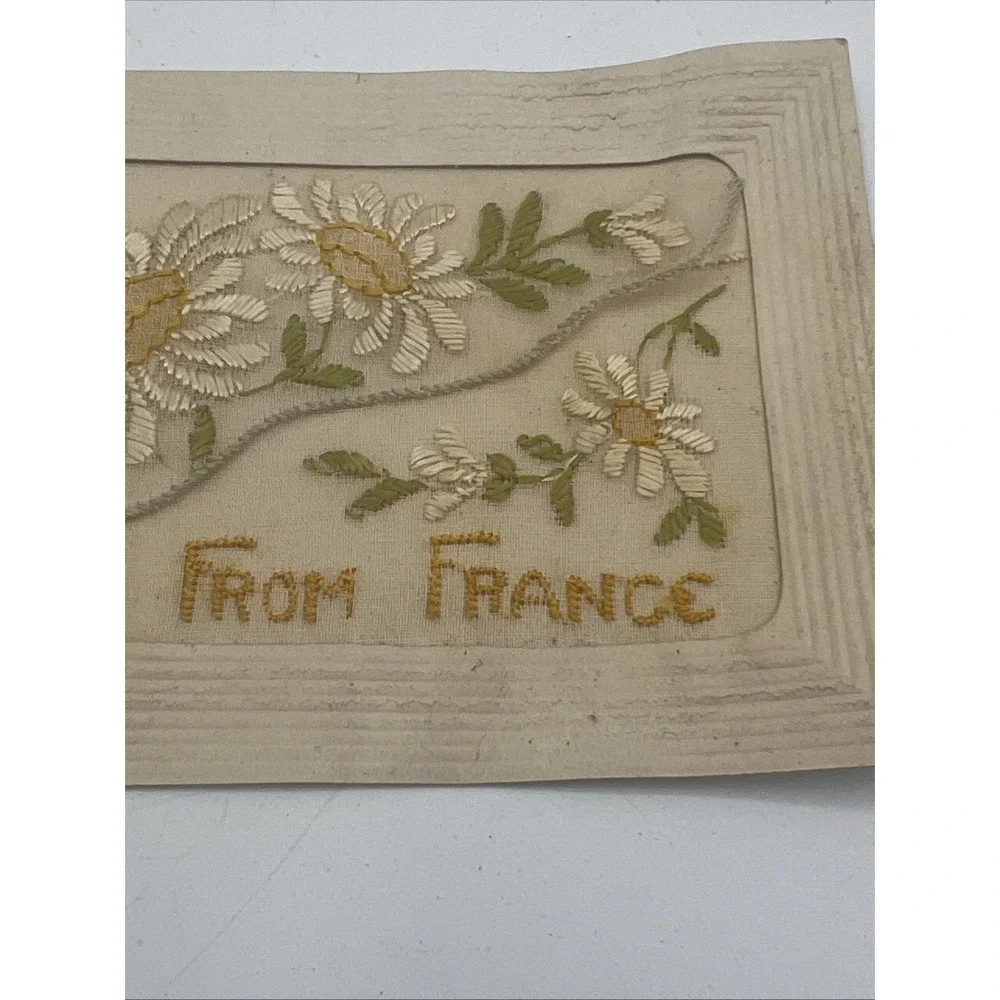 VTG White Yellow Flowers Embroidered Postcard 1918 Souvenir From France Ephemera